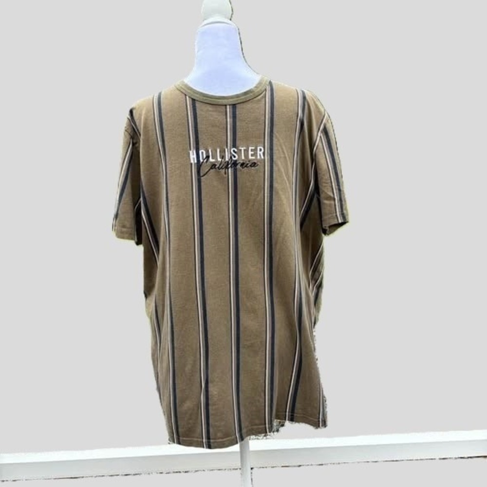 Hollister Mens XL Olive Vertical Stripe T Shirt Y2K Surf Skater Logo Cotton Tee